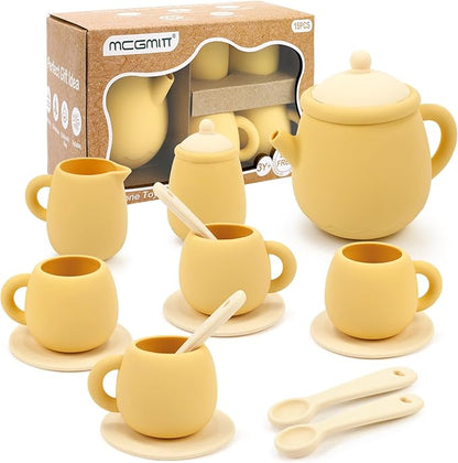 MCGMITT Tea Party Set for Little Girls, 15 Pcs Silicone Tea Set for Kids, Toddler Tea Set with Teapot Tea Cup Coasters Creamer Sugar Bowl Spoon, Pretend Play Toys for 3 4 5 6 Year Old Kids