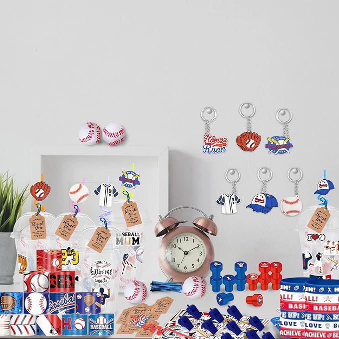 Baseball Party Favors 170 Pcs Baseball Birthday Party Decoration With Cups Straws Slap Bracelets Whistles Stress Balls Wristbands Keychains Stamps Stickers Thank you Tags(Baseball)