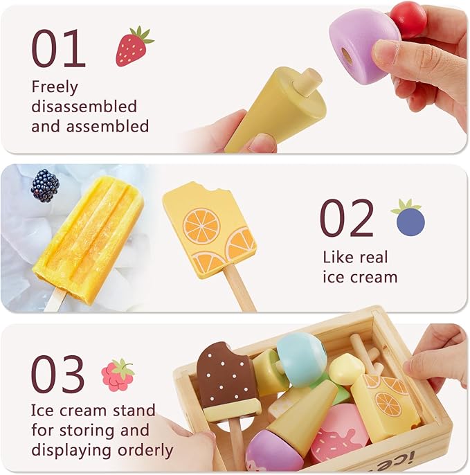 HERSITY Wooden Ice Cream Stand for Kids, Ice Cream Popsicle Toy Pretend Play Food Kitchen Accessories Playset Ice Lolly Shop Games for Toddlers Girls Boys 3 4 5 Years Old