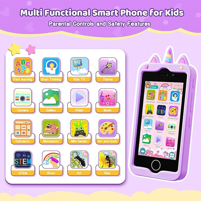Kids Smart Phone for Girls, 4.0" Touchscreen Learning Music Puzzle-games Toddler Phone for Kids Ages 3-9, Dual Camera，Built-in 8G SD Card Kids Phone Toy, Birthday Gifts for Kids Cell Phone Toy, Purple