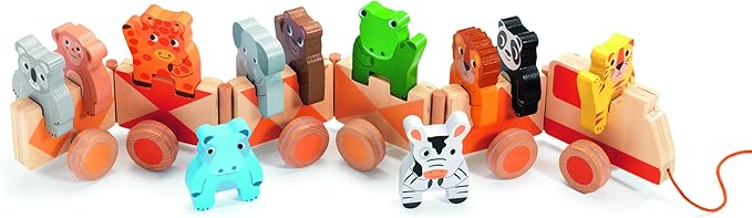 DJECO Jungle Animals Wooden Train - Trainimo Jungle - Safe for Kids Toys, Cute Toddler Vehicle, Stackable Animals for Imagination, Active Play, Motor Skills - Perfect for Boys & Girls Ages 18+ Months