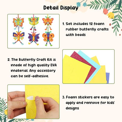 Fennoral 12 Pack Butterfly Craft for Kids Make Your Own Butterfly Foam Stickers with Beads DIY Arts and Crafts for Kids Boys Girls Party Favor Summer Fall Decoration Birthday Gifts