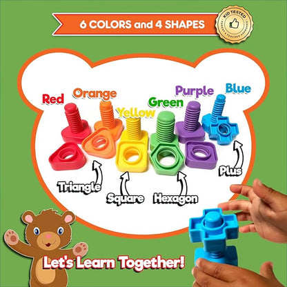 Jumbo Nuts and Bolts For Toddlers - Fine Motor Skills Rainbow Matching Game Montessori Toys For Toddlers & Toddler Games | 12 pc Occupational Therapy Educational Toys with Toy Storage + eBook