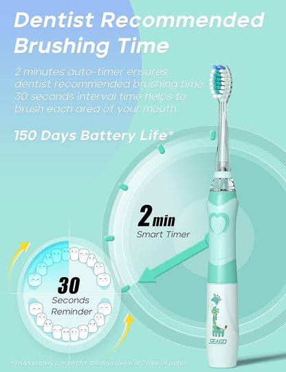 SEAGO Kids Electric Toothbrush with 2 Mins Brushing Timer and 4 Replacement Bursh Heads, Rainbow LED Light Make Brushing Fun, Green Color Boys Battery Powerd Toothbrush for 4-12 Years Old，SG-977