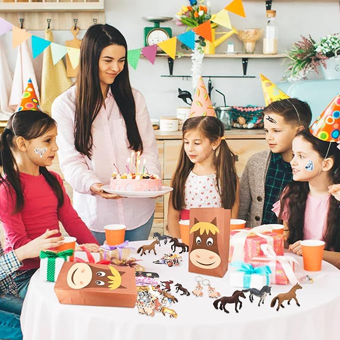 110-Piece Horse-Themed Party Favor Set - Includes 12 Horse Figurines, 12 Horse Toy Stickers, 12 Cowboy Slap Bracelets, 50 Horse Stickers, 12 Horse Keychains, and 12 Kraft Paper Bags