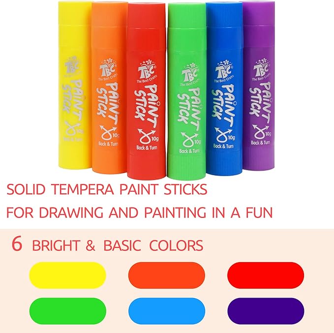 TBC The Best Crafts Paint Sticks, 6 Classic Colors, Washable, Non- Toxic, Tempera Paint Sticks for Kids and Student(6 Colors)