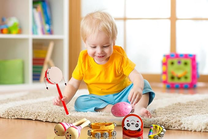 Toddler Musical Instrument, Wooden Percussion Musical Instruments Toy for Kids Toddlers, Preschool Educational Instrument Toy Set with Rattle Drum, Egg Shaker, Maracas for Boys and Girls