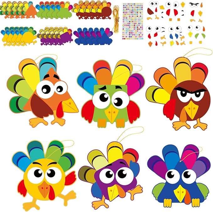 chiazllta 30Pcs Thanksgiving Craft Kits DIY Turkey Craft for Kindergarten Kids, Fall Art Craft Make Your Own Turkey Card Sticker Set for Home Class Game Activities Preschoolers