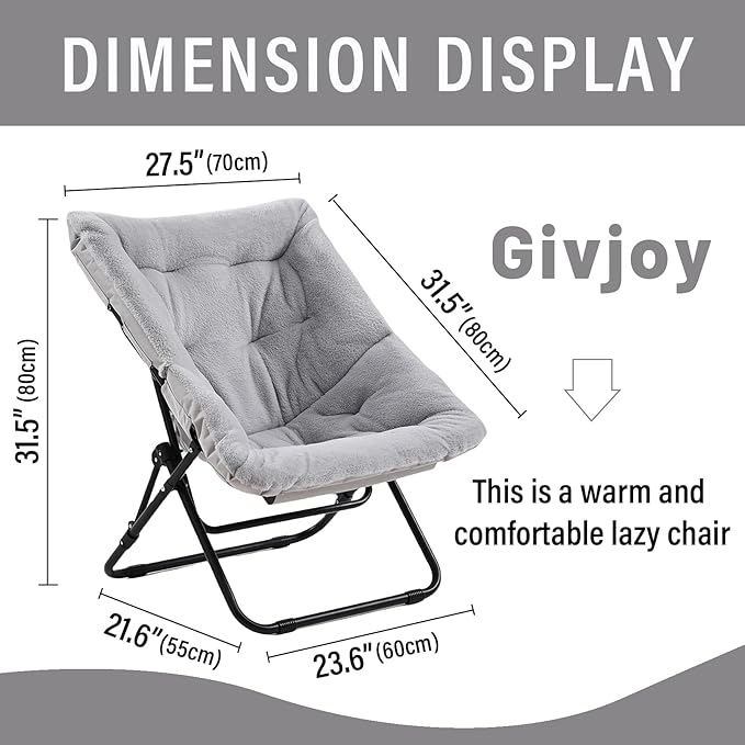 Comfy Saucer Chair, Soft Faux Fur Oversized Folding Accent Chair, Flexible Lounge Lazy Chair for Adults Kids, Metal Frame Moon Chair for Dorm Room, Bedroom, Living Room