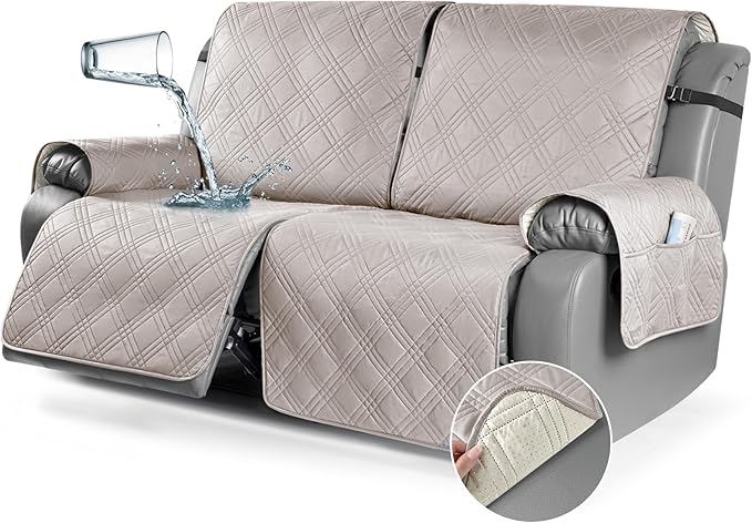 TAOCOCO 100% Waterproof Oversized Loveseat Recliner Cover, Non Slip Split Loveseat Covers for Reclining Loveseat with Elastic Straps for Kids Pets(Oversized 2 Seater, Cream)