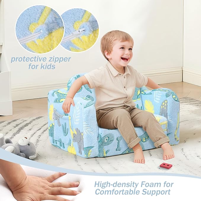 MeMoreCool Glow in The Dark Dinosaur Toddler Couch, Foldable Plush Kids Recliner Chair, Baby Lounge Sofa, Fold Out Couch for Boys Ages 1-3 (Blue)