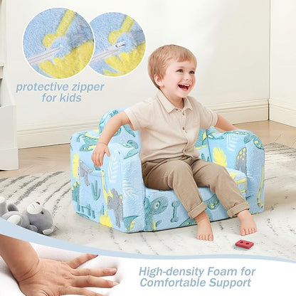 MeMoreCool Glow in The Dark Dinosaur Toddler Couch, Foldable Plush Kids Recliner Chair, Baby Lounge Sofa, Fold Out Couch for Boys Ages 1-3 (Blue)
