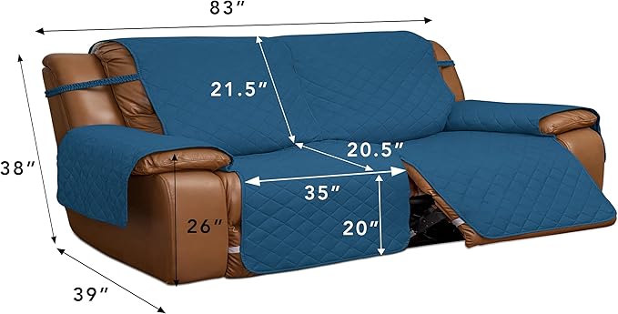 Easy-Going Oversized Loveseat Recliner Cover, Reversible Couch Cover for Double Recliner, Split Sofa Cover for Each Seat with Elastic Straps for Kids, Dogs(Oversized 2 Seater, Peacock Blue/Beige)