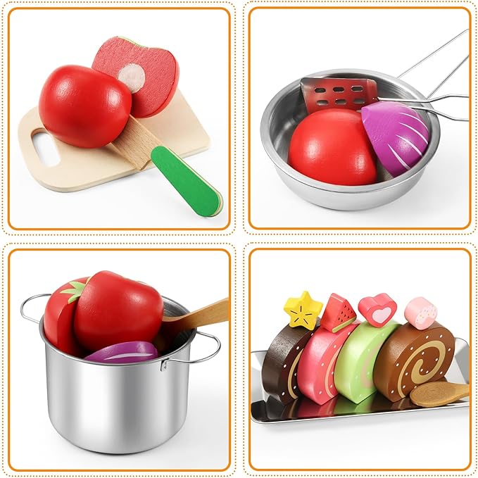 44PCS Play Kitchen Accessories, Wooden Play Food, Kids Kitchen Pretend Play Toys with Stainless Steel Play Pots & Pans Sets, Apron & Chef Clothes, Kitchen Toys for Toddlers Preschoolers Kids