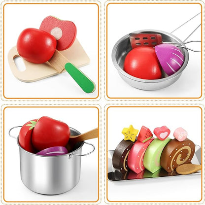 44PCS Play Kitchen Accessories, Wooden Play Food, Kids Kitchen Pretend Play Toys with Stainless Steel Play Pots & Pans Sets, Apron & Chef Clothes, Kitchen Toys for Toddlers Preschoolers Kids