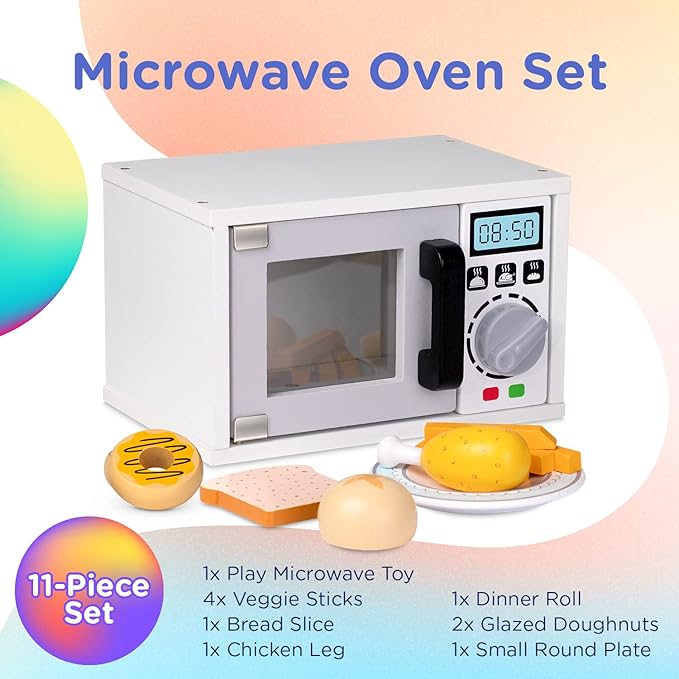 Play Brainy Pretend Toy Microwave for Kids with Rotating Turnable, 11 Pc. Set, Fun and Interactive Wooden Early Learning Kitchen Accessories Playset for Girls and Boys 3+