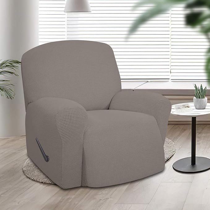 Easy-Going Oversized Recliner Stretch Sofa Slipcover Sofa Cover 1 Piece Furniture Protector Couch Soft with Elastic Bottom Kids,Polyester Spandex Jacquard Fabric Small Checks(Oversize Recliner,Taupe)