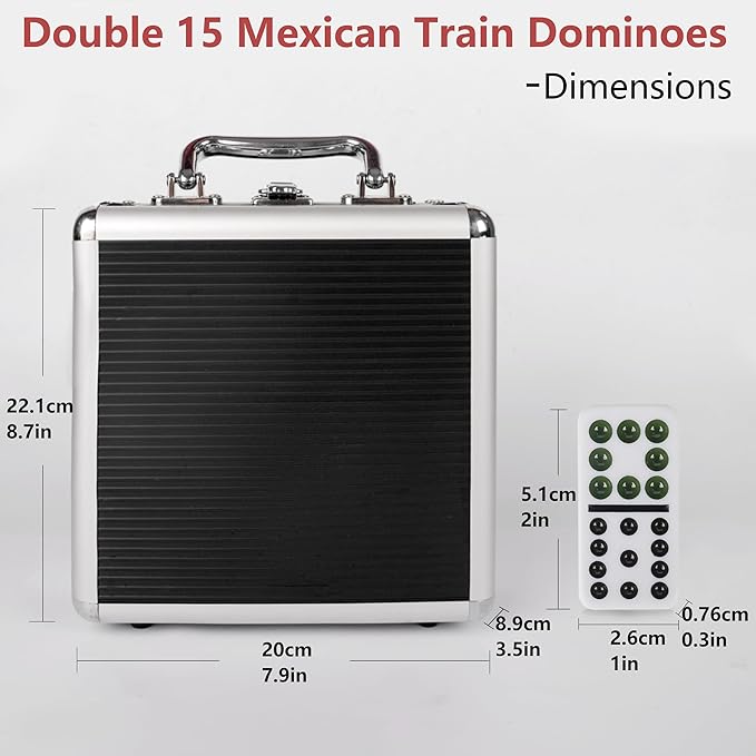 Double Fiffteen Mexican Train Dominoes,Mexican Train Double 15 Dominoes Set Colored Dot,Dominoes set for adult,Classic Board Game,136 Tiles, 9 Trains, Deluex Octagon Hub, Aluminum Case (2-10 player)