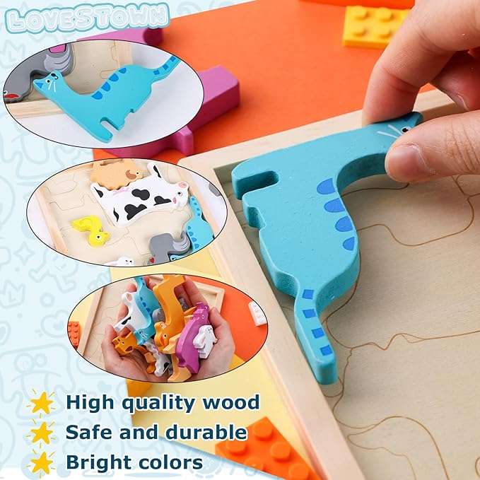 LovesTown 12PCS Wooden Stacking Puzzles, Farm Animal Chunky Jigsaw Puzzles Educational Toy for Gift