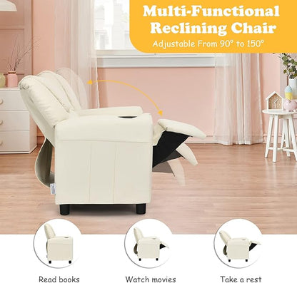 Costzon Kids Recliner Chair with Cup Holder, Toddler Furniture Children Armrest Sofa w/Headrest & Footrest for Girls Boys Baby Bedroom, Kids Room, PU Leather Kids Recliner Couch (Beige)