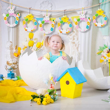 Fennoral 6 Pack Easter Wreath Craft Kit for Kids Make You Own Bunny Chick Wreath Foam Sticker Ornament DIY Easter Arts and Crafts for Art Activities Spring Easter Decoration Supplies