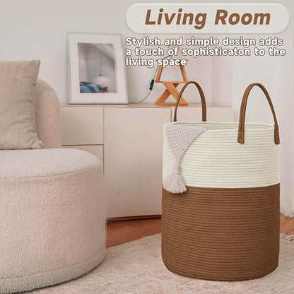 JMvicyroam Large Woven Laundry Basket Hamper,80L Cotton Rope Storage Bin for Blankets,Toys and Clothes,Decorative Tall Nursery Hamper for Living Room,Baby Nursery,Bathroom and Bedroom,White and Brown