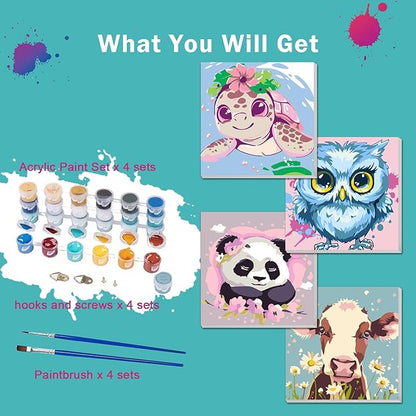 4pc Animal Paint by Numbers Kit for Kids Beginner Paint by Number Kits Age 4-8 Painting Kits for Kids Ages 8-12 Girls Framed Canvas Paint by Number Animals Drawing Kit Color by Number Kids 8x8 Inch