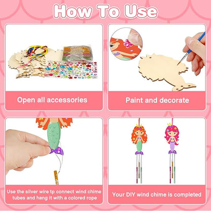 Fennoral 9 Pack Mermaid Wind Chime Kit for Kids Make Your Own Wind Chime Wooden Arts and Crafts for Girls Boys Ornaments DIY Coloring Mermaid for Summer Art Activity Birthday Party Decoration
