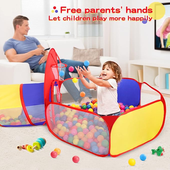 GeerWest 3 in 1 Kids Play Tent for Toddler with Baby Ball Pit and Play Tunnel, Children Indoor Outdoor Playhouse with Climbing Tunnel Toy for Toddlers, Boys and Girls Best Birthday Gifts（No Balls）