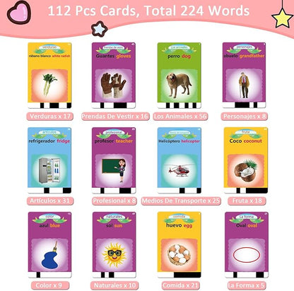 Bilingual Spanish & English Talking Flash Cards for Toddlers 1 2 3 4 5 6, Audible Toys Learning Spanish for Kids,Pocket Speech Therapy Toys Educational Learning Gift with 224 Sight Word