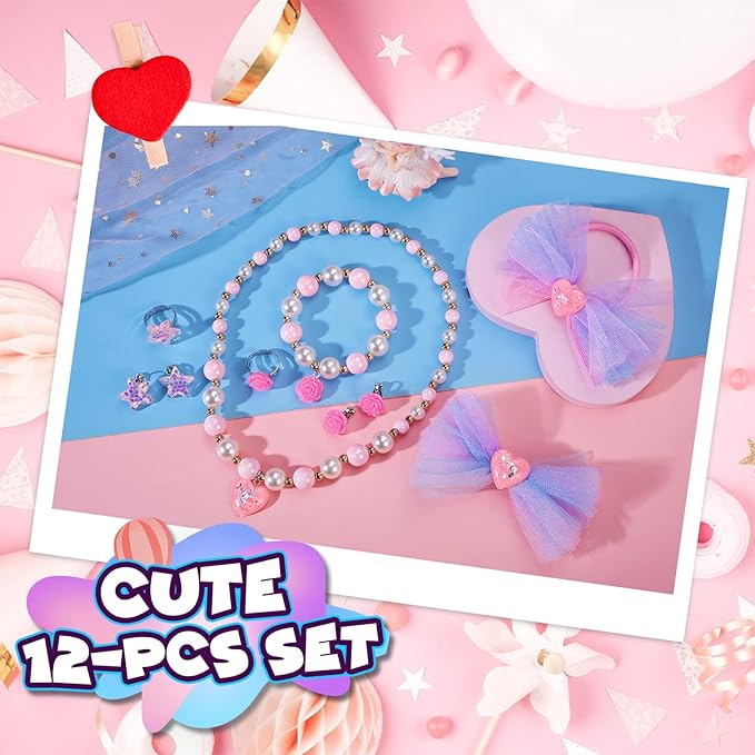 PinkSheep Little Girl Jewelry 10PCS Toddler Jewelry for Girls 3/4/5/6/7/8 yrs old Girl Play Jewelry Box Girl Necklace Girl Bracelet