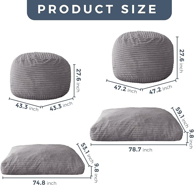 MAXYOYO Giant Bean Bag Chair Bed for Adults, Convertible Beanbag Folds from Lazy Chair to Floor Mattress Bed, Large Floor Sofa Couch, Big Sofa Bed, High-Density Foam Filling, Machine Washable Cover