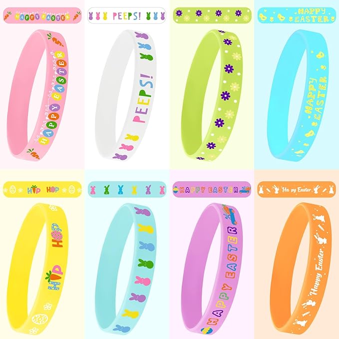 JUNEBRUSHS 24Pcs Easter Party Favors Silicone Bracelets Egg Bunny Rubber Wristbands for Kids Teens Easter Basket Fillers Gift Party Decorations (8 Designs)
