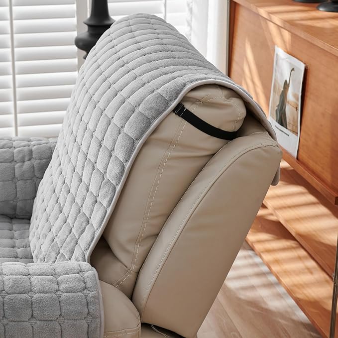 Quilted Recliner Chair Covers, Plush Non Slip Chair Slipcover Soft Washable Couch Cover Furniture Protector with Elastic Straps and Pocket for Kids, Dogs, Pets (Grey, 1 Seater)