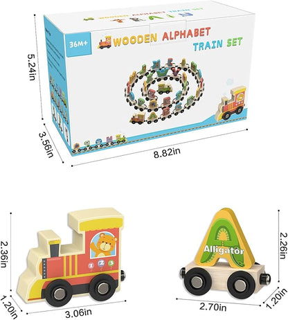 Wooden Alphabet Train Toys Spelling Tool Preschool Toddlers Montessori Educational Game Letter Car Magnetic for Kids Boys Girls 2 3 4 5 Years