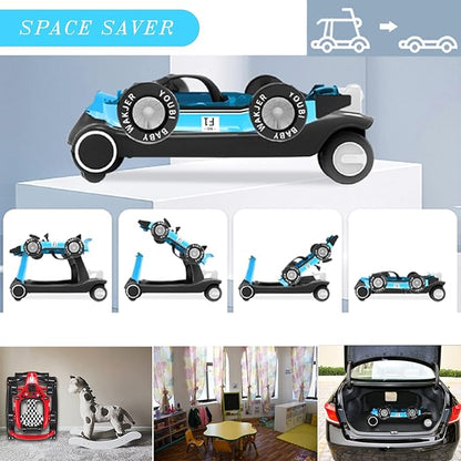 4-in-1 Baby Walker, Foldable Activity Walker with Adjustable Height & Speed, Music, Lights, Steering Wheel, Activity Baby Push Walker for Boys Girls Aged 6–18 Months (Blue)