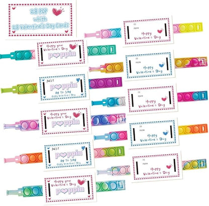 28PCS Valentines Cards with Pop Bracelets Fidget Toys, Bulk-Valentine's Day Gifts for Kids, Valentine Exchange Cards Gift for Classroom, School Party Favors for Kids, Valentine's Day Prize Toys