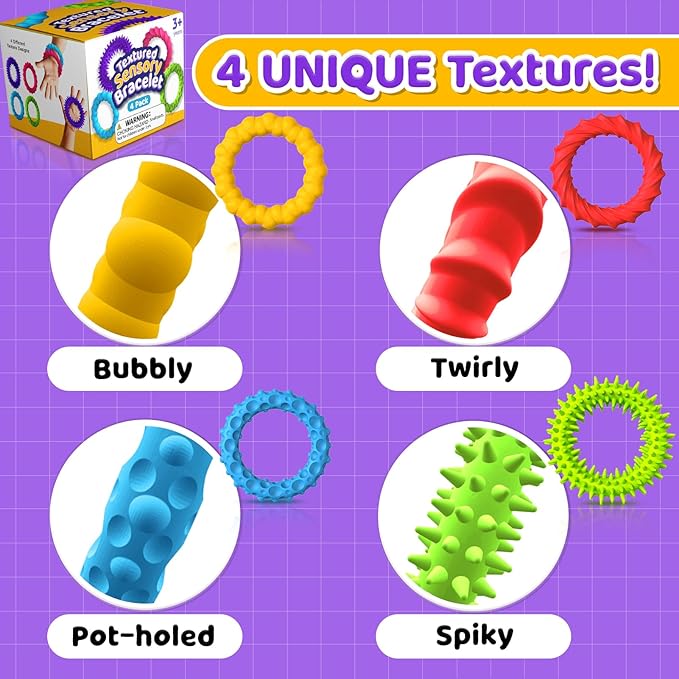 Sensory Fidget Toys for Kids Adults - 4 Pack Stretchy Fidget Toys Bracelets | Texture & Calming Autism Sensory Toys for Special Needs Autistic Children Classroom Fidgets| Squishy Fidgets Travel Gifts