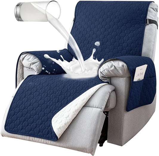 100% Waterproof Recliner Chair Covers That Stay in Place, Non-Slip Recliner Cover with 5 Pockets, Elastic Straps, Washable Reclining Chair Protector for Kids, Pets, Dogs, Dark Blue