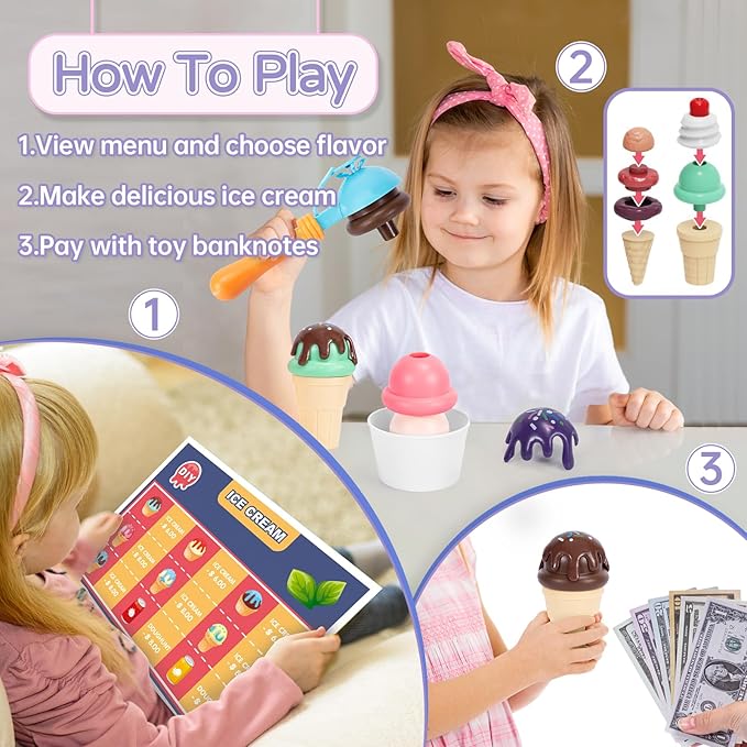 Ice Cream Cart Toys for Kids, 52 Pcs Ice Cream Shop Playset, Ice Cream Stand Food Toys for Toddlers 3-5，Pretend Play Grocery Store Set Toy for Ages 2-4-6, Girl or Boy Christmas Birthday Gifts