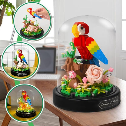 Topdear Flower Parrot Bouquet Building Set with LED String Light and Dust Cover, 551 Pcs Animals Flower Mini Bricks Building Blocks Toy for Kids, Adults, Gift for Mother's Day, Christmas(Red)
