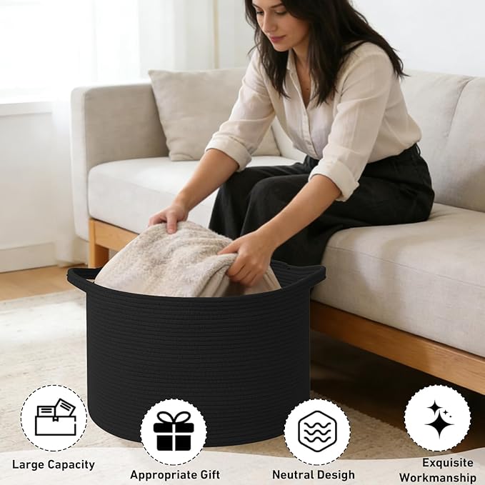 90L Large Blanket Basket,21.7"L x 21.7"W x 13.8"H Rope Woven Baskets with Handles, Toys Storage Bins,Laundry Basket Perfect for Living Room, Nursery,Bedroom,Home Organization,Black