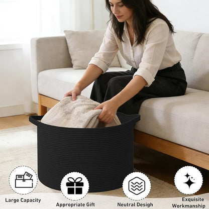 90L Large Blanket Basket,21.7"L x 21.7"W x 13.8"H Rope Woven Baskets with Handles, Toys Storage Bins,Laundry Basket Perfect for Living Room, Nursery,Bedroom,Home Organization,Black