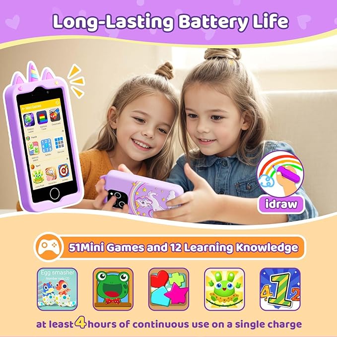 Kids Smart Phone for Girls, 4.0" Touchscreen Learning Music Puzzle-games Toddler Phone for Kids Ages 3-9, Dual Camera，Built-in 8G SD Card Kids Phone Toy, Birthday Gifts for Kids Cell Phone Toy, Purple