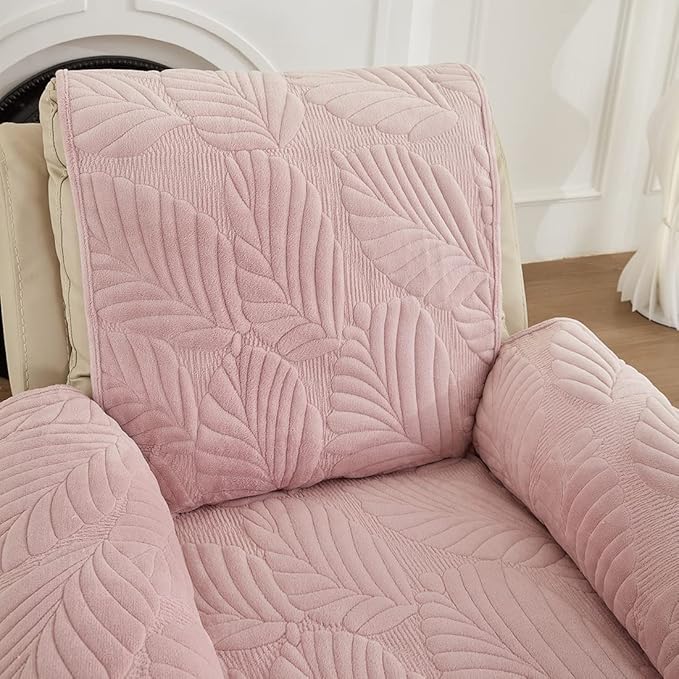vctops Palm Leaves Velvet Plush Quilted Recliner Chair Cover Anti-Slip Super Soft Furniture Protector with Elastic Straps for Kids, Dogs, Pets, Pink