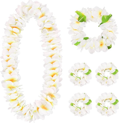 HOBBY HORSE 6 Pieces Hawaiian Luau Flower Leis Halloween Decor Leis White Necklaces Bracelets Headband Anklets Set Tropical Party Favor for Halloween Cosplay Beach Wedding Birthday Party Supplies