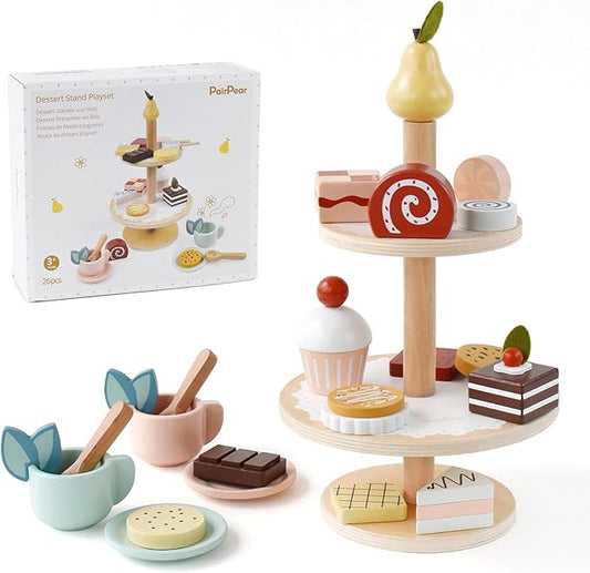 PairPear Tea Party Set Dessert Stand Playset -Wooden Toys Pretend Play Food Kitchen Accessories for Toddler Tea Set Birthday Gift