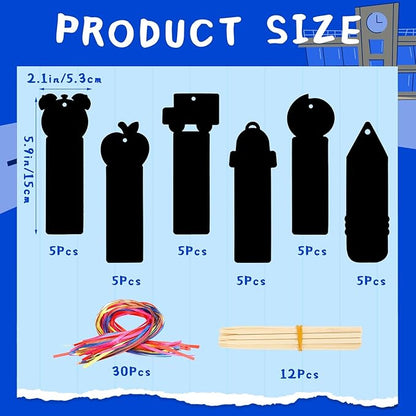 JUNEBRUSHS 30Pcs Welcome Back to School Scratch Bookmarks, Rainbow Magic Scratch Paper Art Back to School DIY Craft Kit First Day of School Gifts for Students Classroom Activity Party Favors