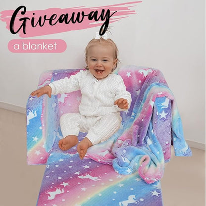 MeMoreCool Kids Fold-Out Couch, Convertible Glowing Rainbow Unicorn Flip Sofa Chair for Playroom, Toddler Lounger for Girls and Boys