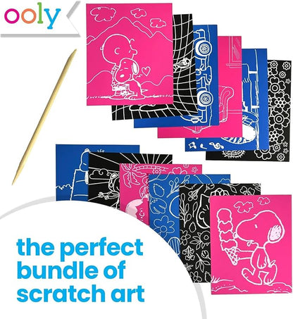 Ooly X Peanuts Scratch Art Kit - 12 Cards Featuring Snoopy, Woodstock and The Gang, Scratch Art Set Gifts for Kids, Travel-Friendly Craft Kit, Scratching Tool Included